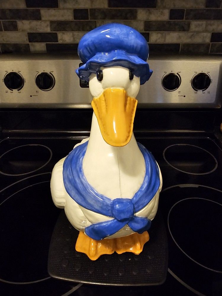 Vintage Mother Goose Cookie Jar with Blue Bonnet & Blue Bow