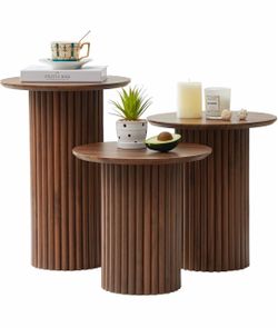 Walnut Round Nesting Coffee Table Set of 3 Coffee and End Table Set,Fluted,Nesting Side Table,Drink Table,End Table,Plant Stand,Brown,Mid Century Mode