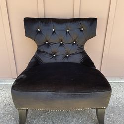 Black Velvet Side Chair, Tufted With Crystal Buttons And Detailed With Silver Nailheads