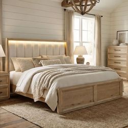 Frame Queen Natural Finish, Fabric upholstery Headboard. New Especial price
