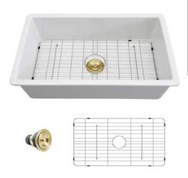 Lordear 32 in. Single Bowl Ceramic White Undermount Kitchen Sink with Bottom Grids-32 in. x 19 in. x 10 in.