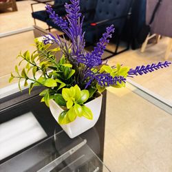 Artificial Lavender & Greenery Arrangement in White Ceramic Pot