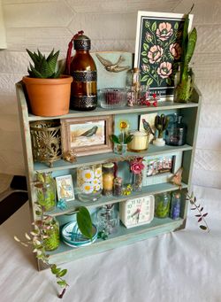 Vintage Upcycled Rustic Blue 4-Tier Wooden Wall Shelf with Brass Accents