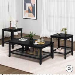 Lamerge 3 Pieces Living Room Table Set, Industrial Coffee Table with 2 Square End Side Tables, Coffee Table Set with Metal Frame for Apartment Home Of