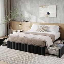 Queen Size Platform Bed Frame with 4 Large Storage Drawers, Velvet Vertical Channel Tufted Upholstered Bed Base, Wooden Slats Support, Noise-Free, No 