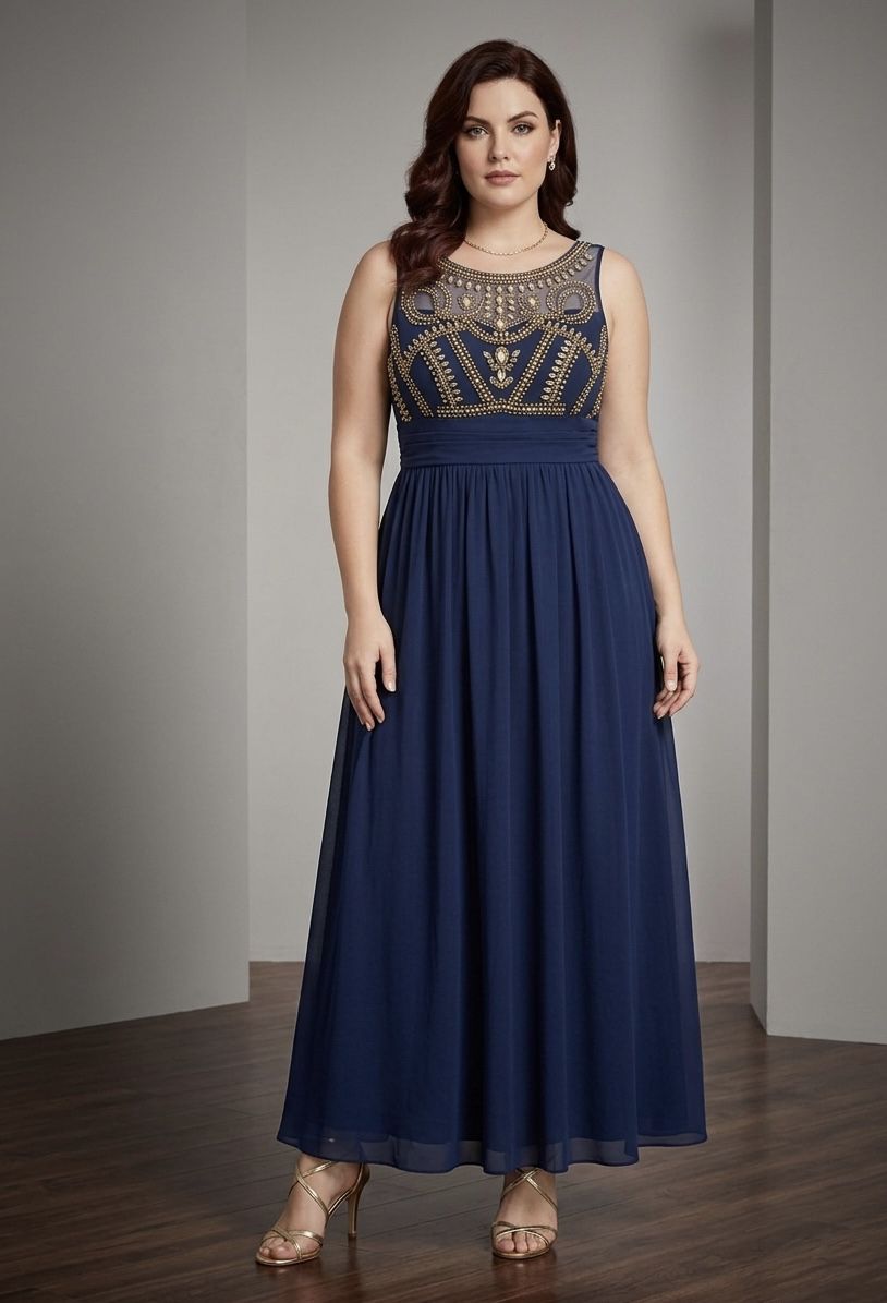 B Darlin Navy Maxi Dress with Gold Beaded Bodice