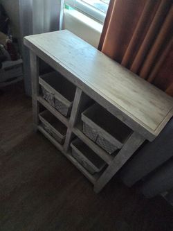 Whitewashed Wood Console Table with Baskets