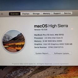 (#46)  Apple MacBook Pro "Core i7" 2.3 13”Mid-2012, CD ROM, 8 RAM, 500 SATA