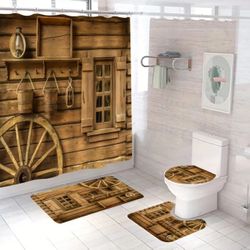 1/4pcs Wooden House Printed Shower Curtain Set, Decorative Bathroom Full Set Including Waterproof Shower Curtain With Hooks, Non-slip Mat, Toilet Lid 