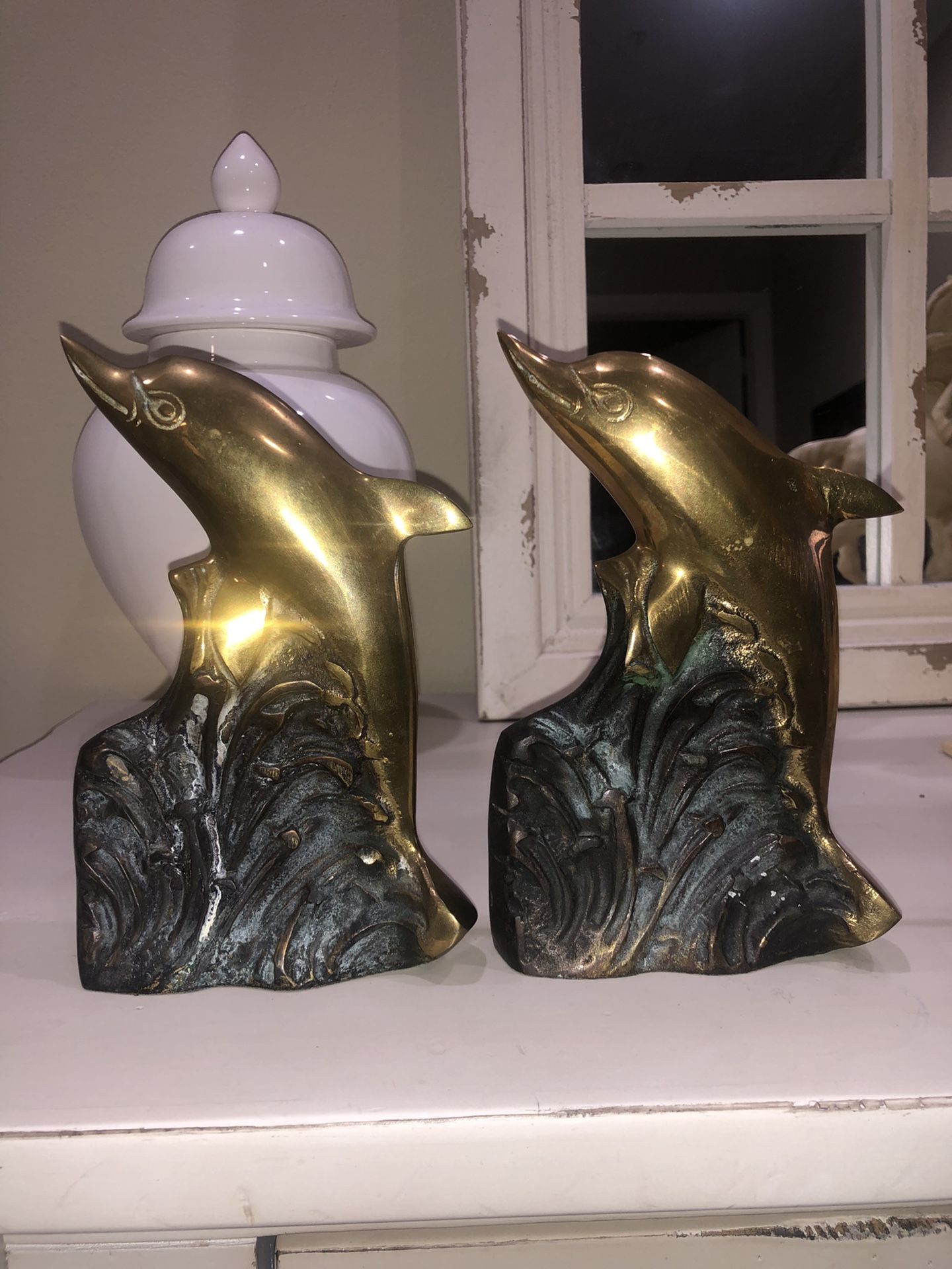 1970s Nautical Solid Brass Dolphin Bookends - Pair