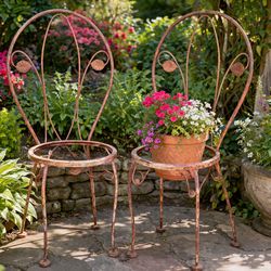 Vintage Wrought Iron Plant Stand Chairs Set of 2 Garden Decor Leaf Design