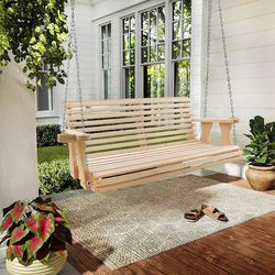 5.5FT Heavy Duty 800lbs Wooden Hanging Swing Bench with Cupholders and Hanging Chains for Front Porch Garden Deck Patio Backyard Balcony