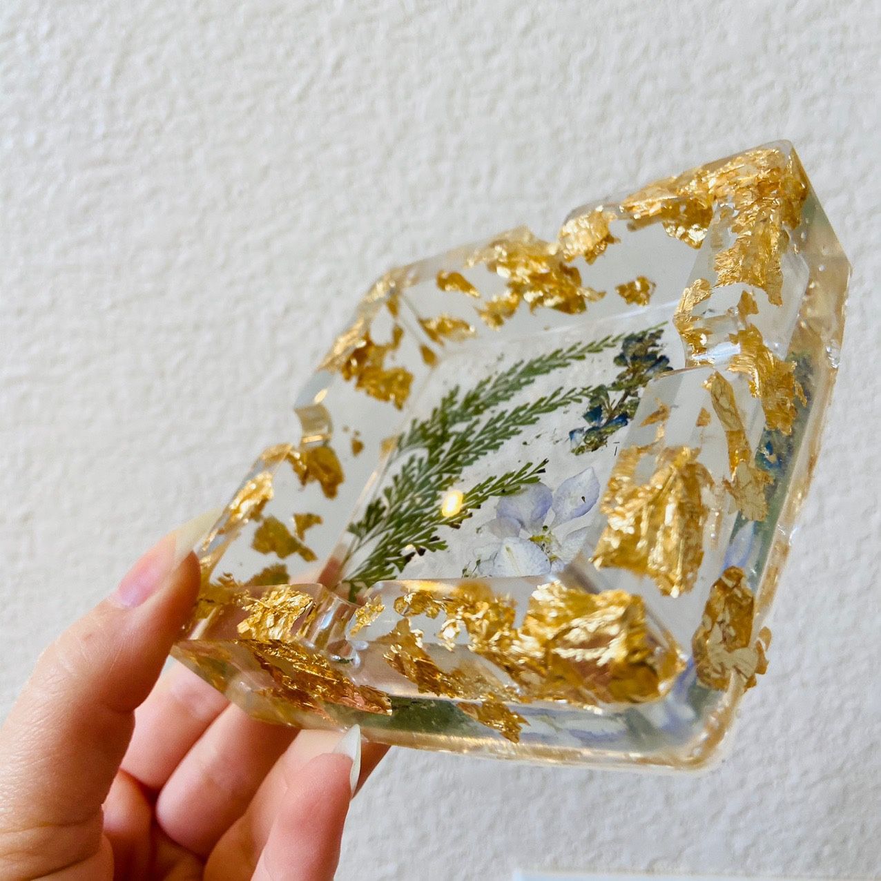 Handmade Pressed Flowers Nature Lilac Gold Resin Ashtray Decor Art Mold