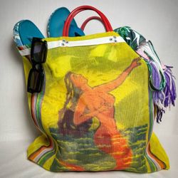 Cheeky Vibrant Yellow Vintage Mermaid Beach Tote