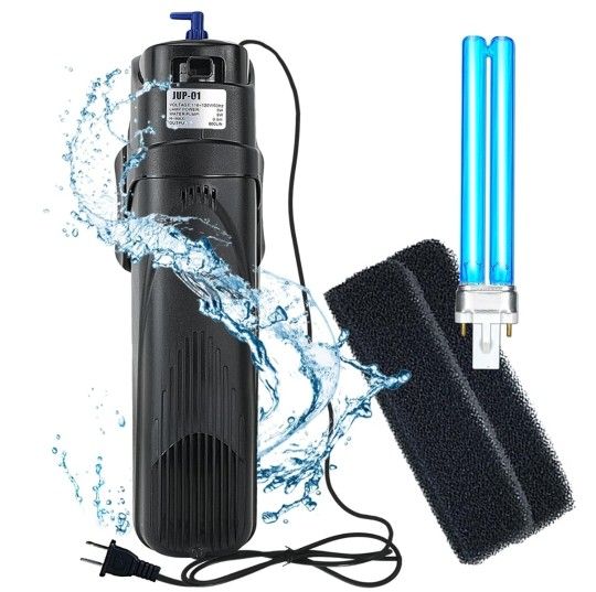 COOSPIDER Aquarium Filter Sun JUP-01 for 40-80 Gallon Tank Clear, U-V Fish Tank Green Clean Machine Submersible Pump w/ 1 Spare Bulb + 2 Replace Filte