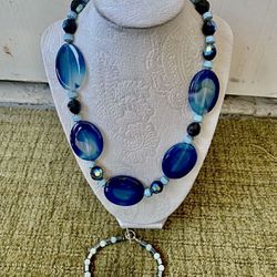 Blue Sodalite Stone, Glass Beaded Necklace & Bracelet 