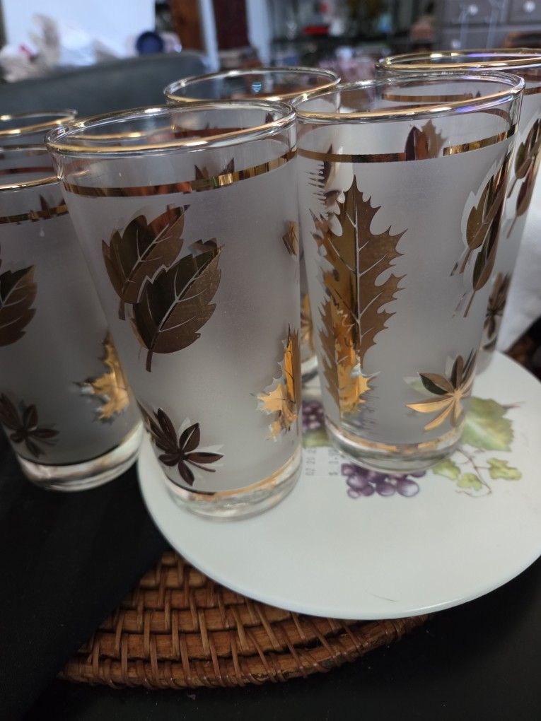 Libby Vtg Gold Leaf Pattern Tumblers Set of 8
