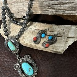 Sterling Silver Feather Earrings W/ Turquoise & Coral