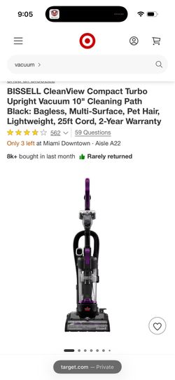 BISSELL CleanView Compact Turbo Upright Vacuum 10" Cleaning Path Black: Bagless, Multi-Surface, Pet Hair, Lightweight, 25ft Cord