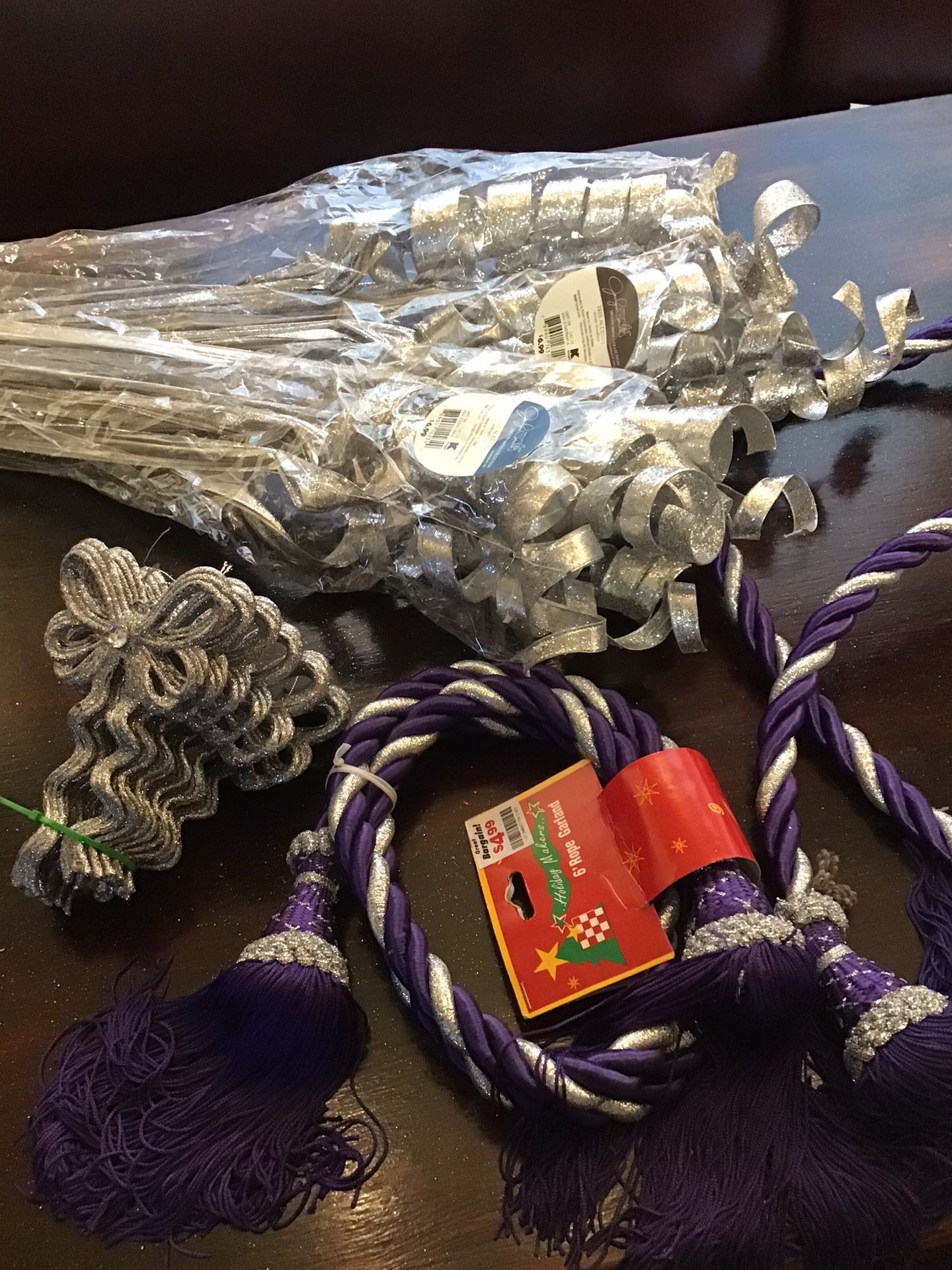 Christmas decorations and 100 foot silver wired ribbon