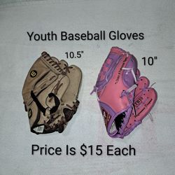2 Youth Baseball Gloves (Price Is $15 Each)