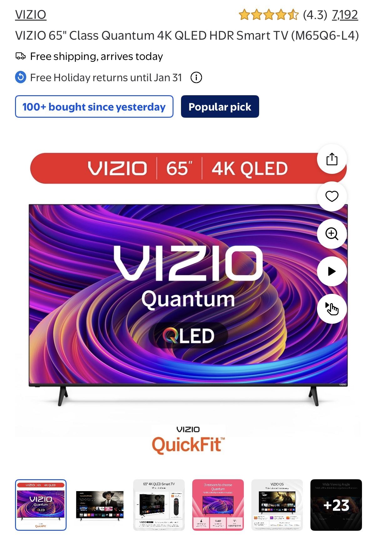 VIZIO 65" Class Quantum 4K QLED HDR Smart TV
