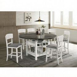 7 Piece Counter Height Dining Set White & Grey 4 Sided Drop Leaf Open Shelves Wine Rack Lazy Susan Padded Chairs Firm Price $1,060 Financing Available