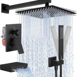 KES Black Shower Faucet Set Complete, 12 Inch Rainfall Shower Head with Handheld Spray, Waterfall Tub Spout Bathtub Faucet, Shower System, Regaderas M