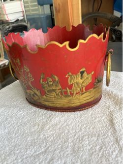 Vintage RED/GOLD CHINOISERIE TOLE CACHE POTS, GOLT GILT HOLLYWOOD REGENCY