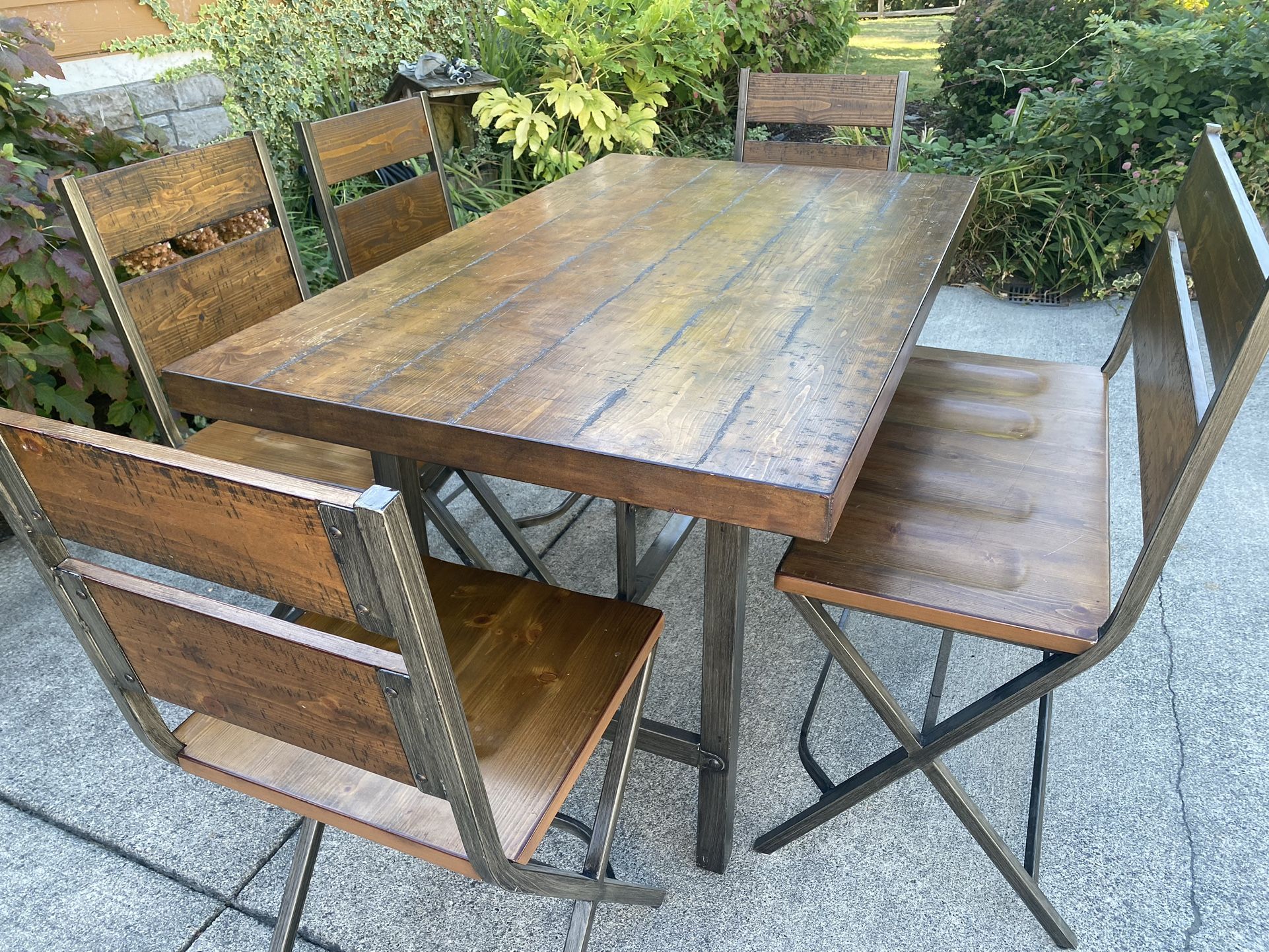 Country Style Solid Wood Table With 4 Chairs And Bench With Metal Frame