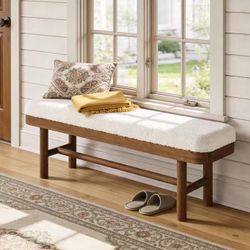 SL0187 Solid Wood Shoe Bench, 55" Upholstered Entryway Bench with Removable Cushion