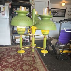 Vintage Mid Century Toleware Hanging 3 Light Swag Lamp Green 50s