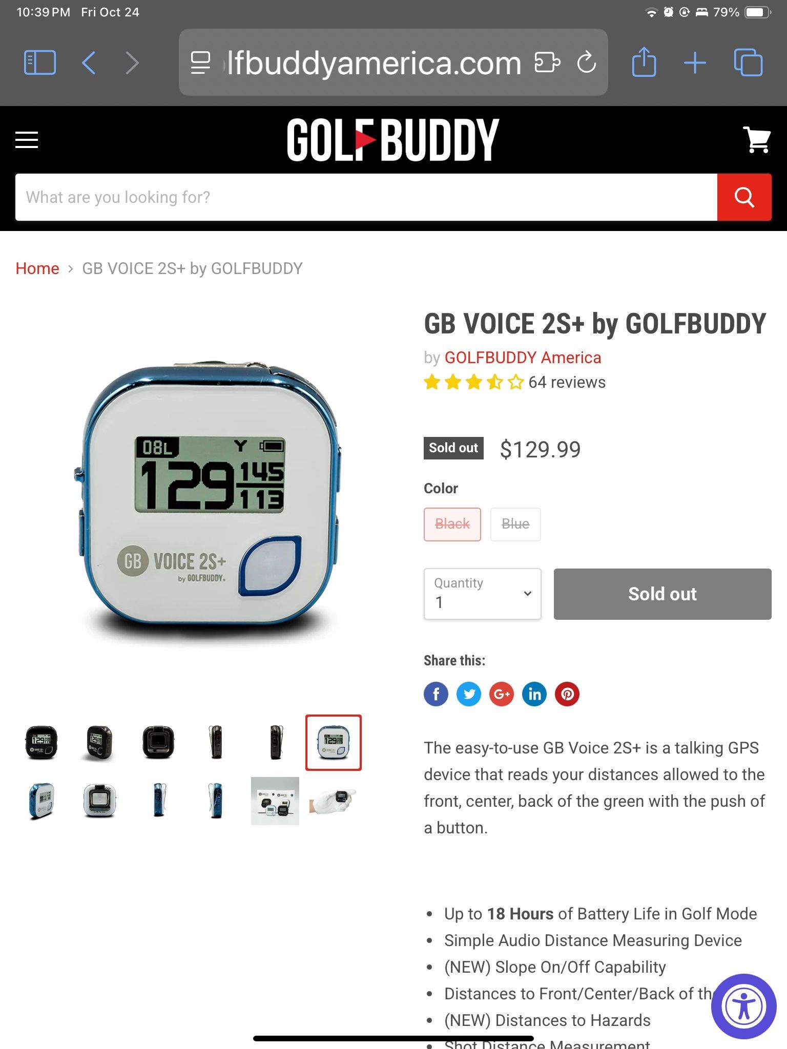 GolfBuddy Voice 2S+ talking GPS golf rangefinder in blue/white (NEW In Box )