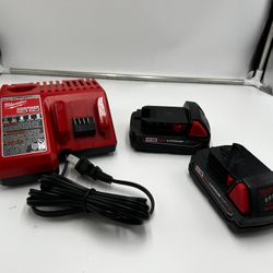 2x Milwuakee CP2.0ah Batteries and M18/M12 Charger Red Lithium Ion Cordless Power Tools