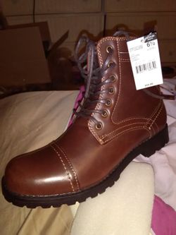 NEW, WITH TAG AND BOX, BROWN LEATHER BOOTS, SIZE 61/2 MENS,, AND SIZE 8 WOMEN'S