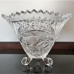 Hofbauer Byrdes Crystal Cut Glass Bowl Centerpiece 8 Inches Bird Pattern