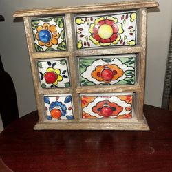 Boho Wood + Ceramic Mini Drawer Chest – Handcrafted India Jewelry/Spice Organizer 🌼