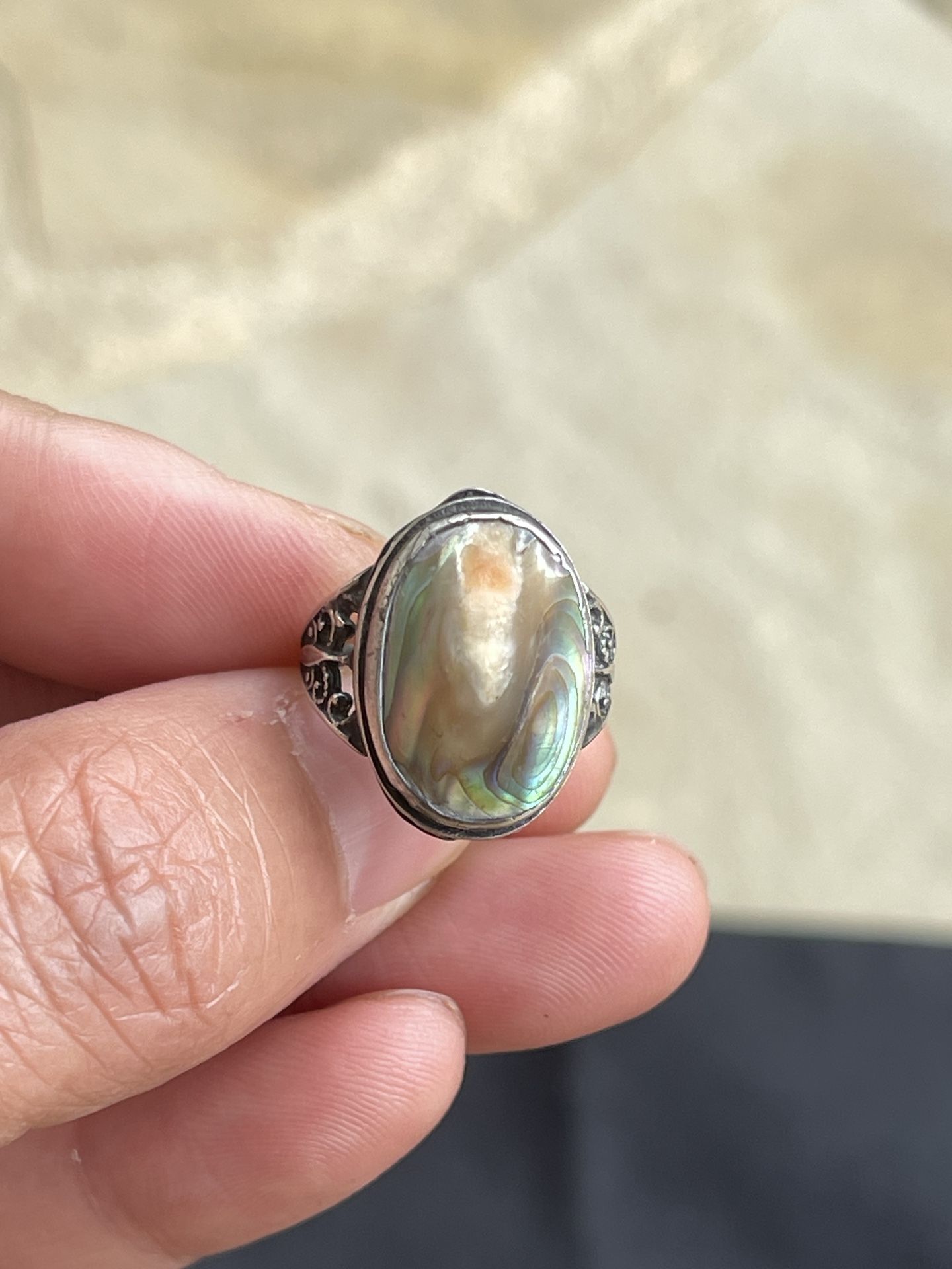 Unusual Antique Art Nouveau Sterling Silver Abalone Blister Pearl Size 4.5  Ring
