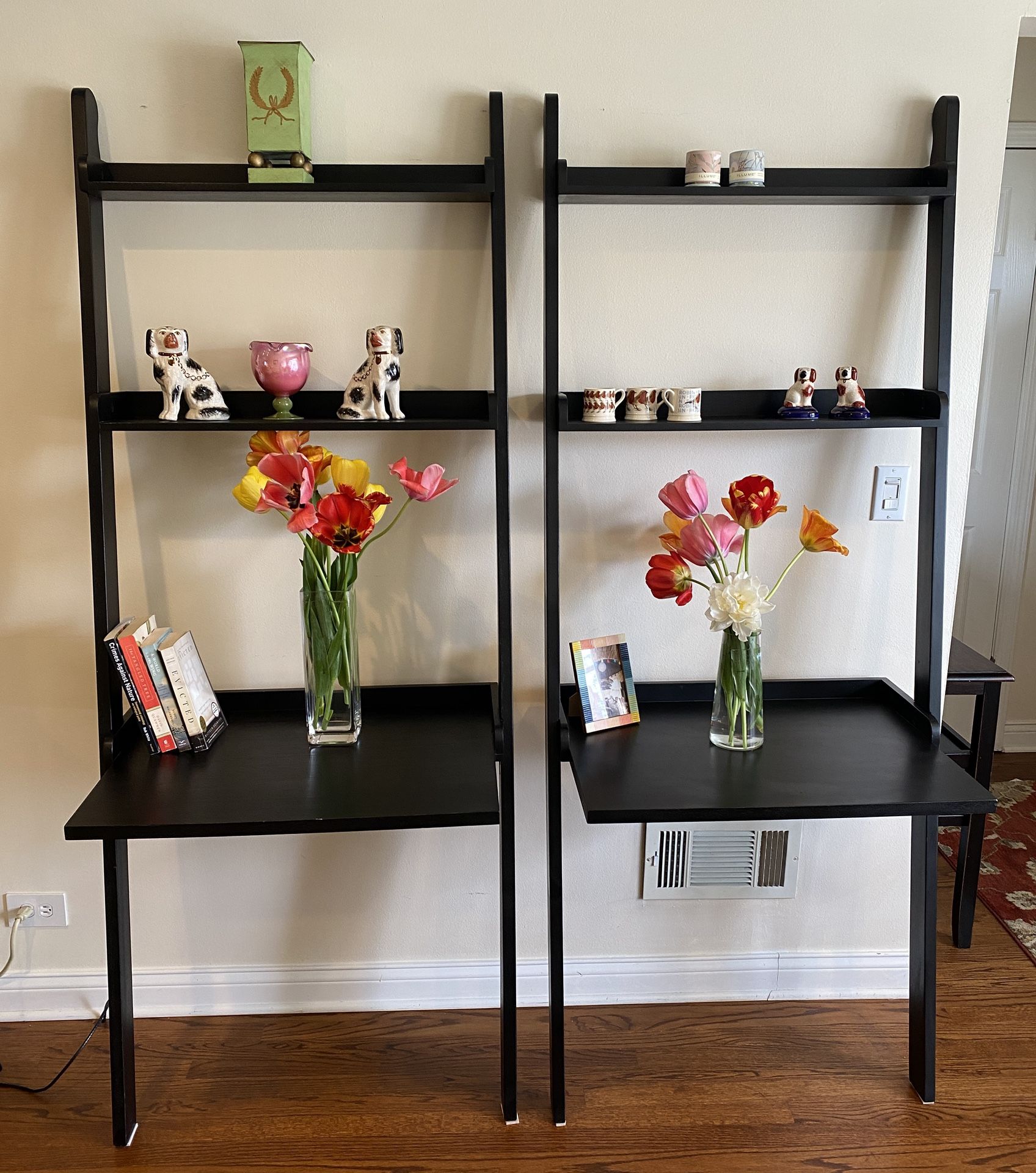 Set Of 2 Three Tier Wooden Leaning, Rack Wall Shelves, Book Shelves Black Wood