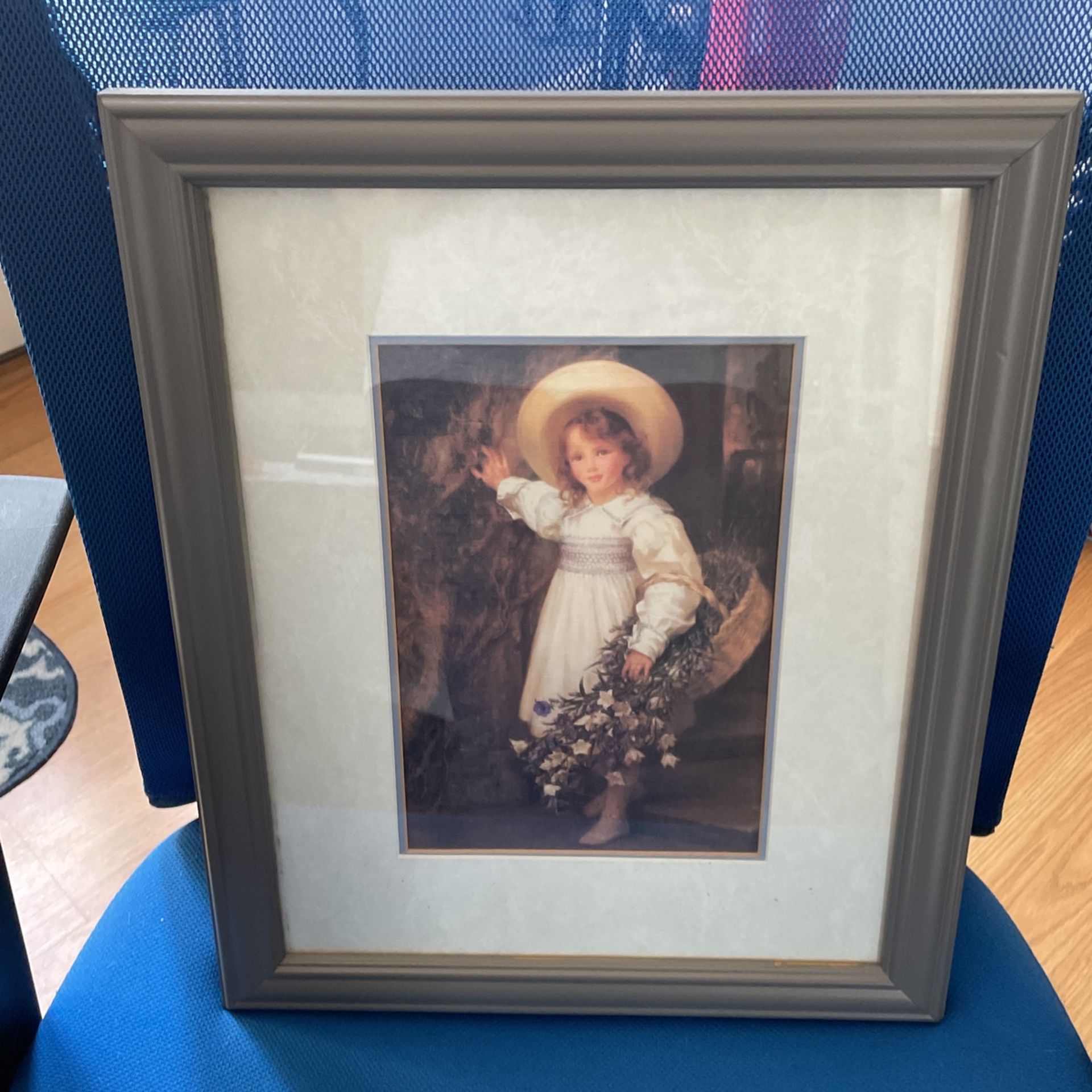 Framed Art! 16X13 Inches Total- Girl W/flower Basket-Gray Frame