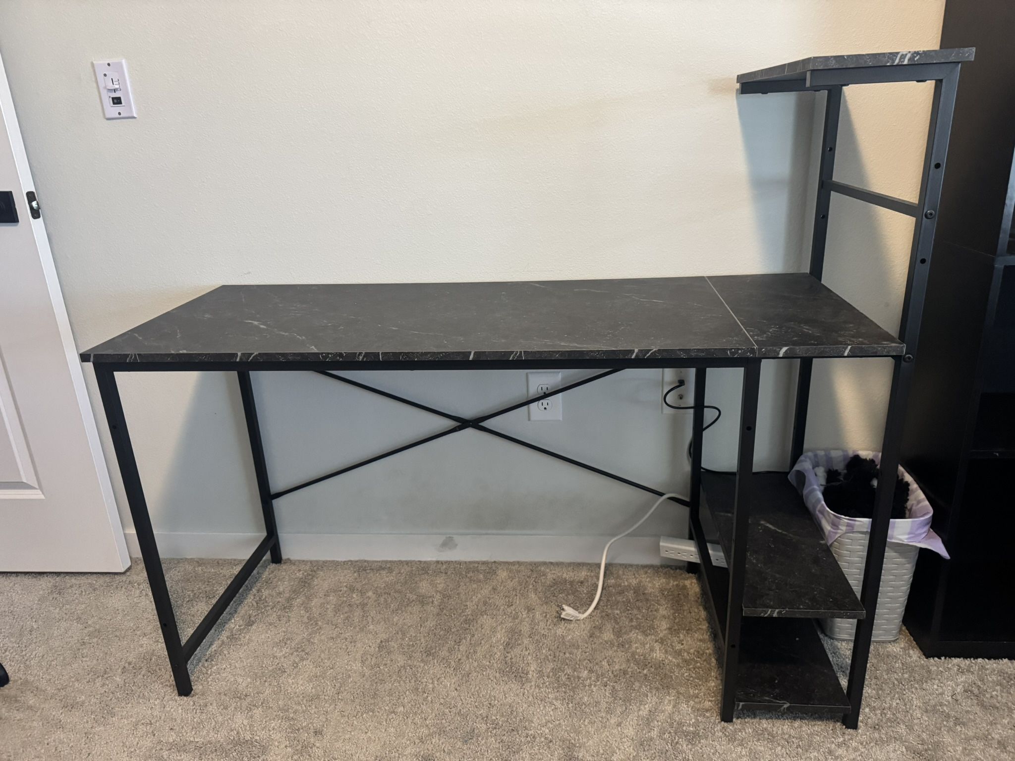 Gaming Desk Computer Desk with 4 Tiers Reversible Shelves (Black Marble)