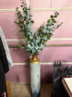 Blue & Gold Metal Floor Vase w/ Artificial Greenery added
