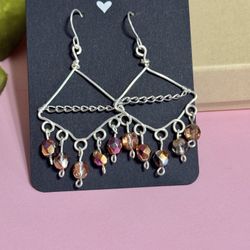 Silver And Pink Beaded Chandelier Earrings 