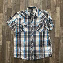 2000s Y2k Roar Plaid Button Up With Sleeve And Back Designs