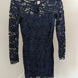 Dark Blue Lace Dress With Lining 