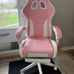 Brand New Pink/White Tall Back Height Adjustable Reclining Gaming Chair w/Slide Out Footrest 