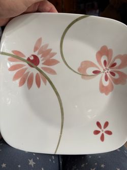 Square White Ceramic Plate Floral Pattern