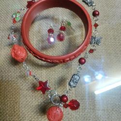 Vintage Red Carved Cinnabar Necklace Bracelet Earrings Set