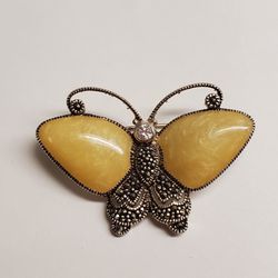 Vintage Sterling Silver Cubic Zirconia and Marcasite Guiloche Enamel Butterfly Brooch. Elegant and Unique piece