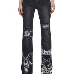 Gothic Flared Jeans With Demonic Prints